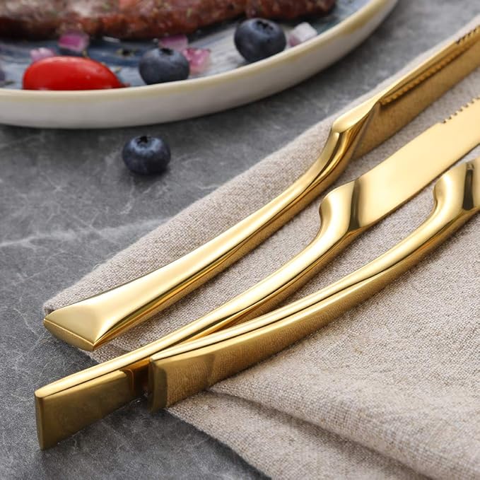 Lemeya Stainless Steel Gold Steak Knives Set of 6,Forge Steak Knife,Serrated Steak Knives Set,6 Piece Heavy Steak Knives-10 inch,Mirror Polished,Dishwasher Safe