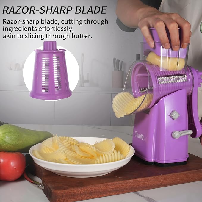 Rotary Cheese Grater Shredder - Upgraded 5 in 1 Cheese Grater with Handle and Strong Suction Base, Multi-purpose Julienne Slicer Ice Shaver Nuts Grinder for Ice, Vegetables, Fruit, Nuts