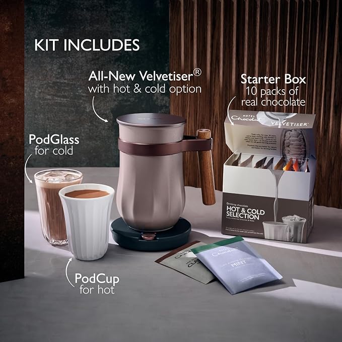 Hotel Chocolat Hot & Cold Drinking Chocolate System - The ALL-NEW Velvetiser from Kit includes hot chocolate maker, 10 serving taster box, mug and glass - Pewter Edition