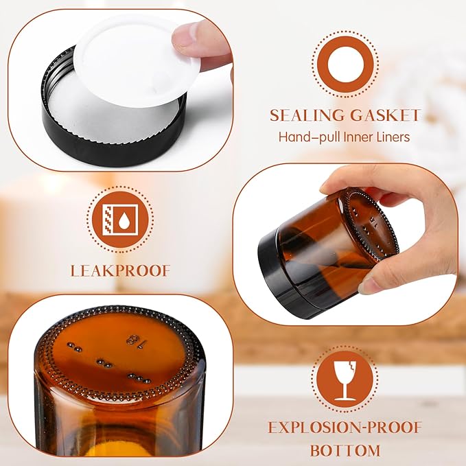 Norme 96 Pcs 4 oz Glass Jars with Lids Leakproof Round Airtight Empty Cosmetic Jars with Inner Liners Lid for Storing Lotions Powder Ointments Candle Making Tins (Black,Amber)