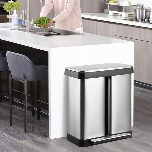 Garvee 19 gal Dual Compartment Trash Can, Stainless Steel Kitchen Garbage Can, 2 x 36 L Two Compartment Trash Bin with Soft-Close Lid and Foot Pedal for Kitchen Home Office