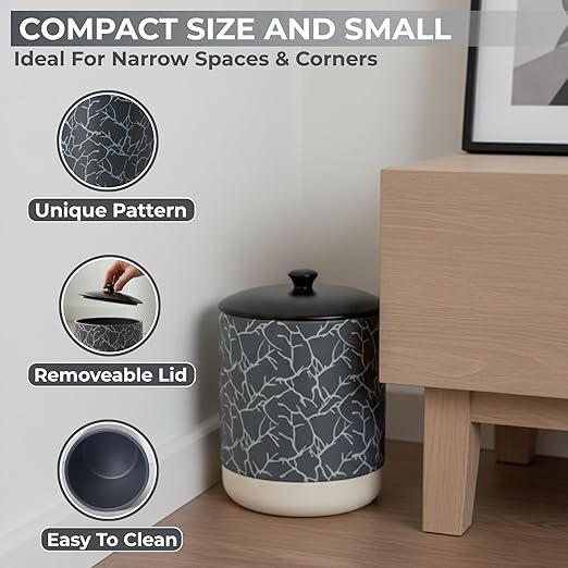 Escenzy Black Textured Bathroom Trash Can with Lid 5L | 7" x 10" | High End Small Garbage Can | Luxury Ceramic Waste Basket for Bathroom, Bedroom, Kitchen, Hotels or Living Room Decor | Ideal Gift