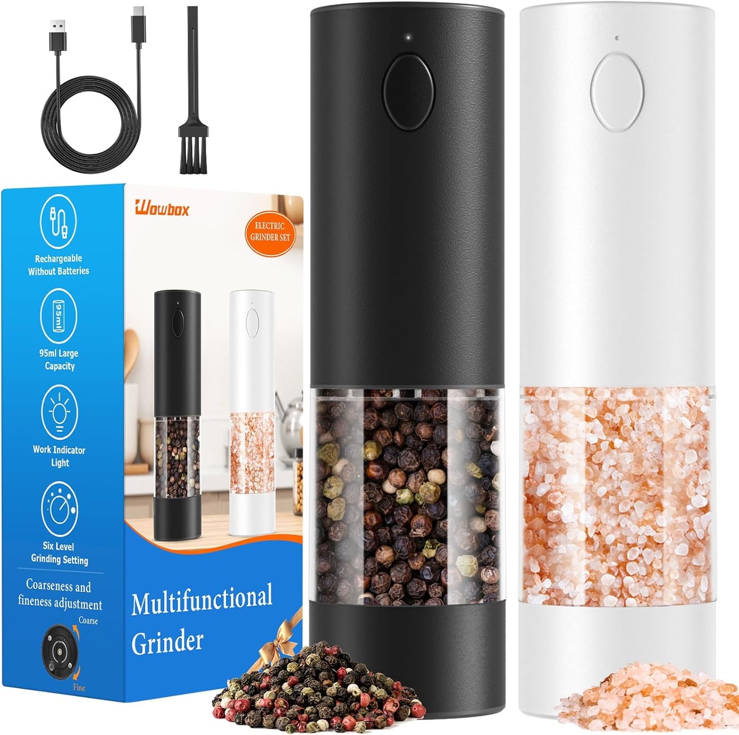 WOWBOX Electric Salt and Pepper Grinder Set 2 PCS, Automatic Coarseness, Rechargeable Salt and Pepper Shakers, Large Capacity Multifunctional, for Kitchen, Restaurant, Outdoor, BBQ (Black & White)