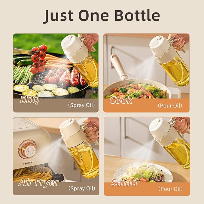 Oil Sprayer for Cooking, 12.3oz/350ml 2 in 1 Olive Oil Dispenser Bottle for Kitchen, Premium Oil Mister for Air Fryer, Salad, Frying (White)