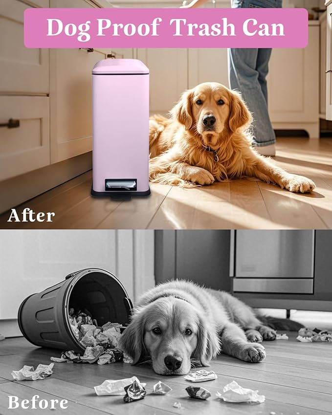 Bathroom Trash Can, 10L/2.6 Gallon Stainless Steel Slim Garbage Can, Pedal Trash Bin with Removable Liner Bucket, Soft Close Lid, Rectangle Trash Bin for Office, Kitchen, Bedroom, Pink