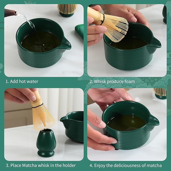 Matcha Sets, Japanese Matcha Kit with Dark Green Bowl, Bamboo Whisk for Matcha Tea, Ceramic Holder, Stainless Sifter & Scoop, Tea Towel, Traditional Matcha Tea Set for Ceremony, 7Pcs