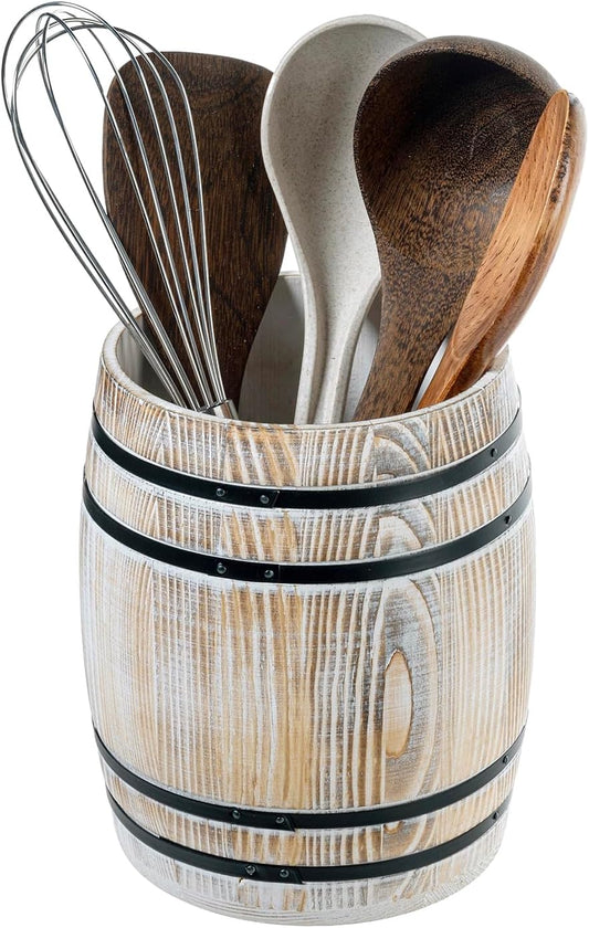 MyGift Wine Barrel Design Kitchen Utensil Holder Crock, Vintage White Washed Solid Wood Cooking Utensils Organizer