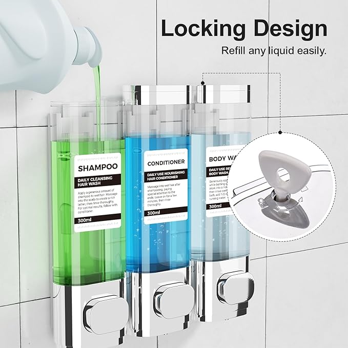 3-Chamber Wall Mounted Shampoo and Conditioner Dispenser,300ML Each Shower Soap Dispenser,Easy Refill,No Drip,Ideal for Shampoo,Conditioner,Body Wash for Bathroom Kitchen Hotel