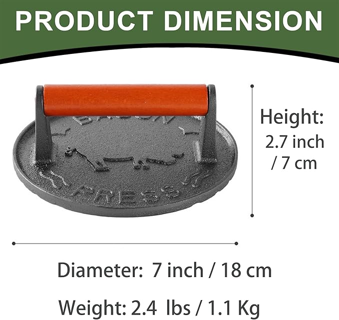 Burger Press 7.2 inch Round Professional Heavy Duty Cast Iron Hamburger Smasher Tool for Blackstone Griddle Grill,Smashburger, Bacon, Ground Beef Meat, Steak, Sausage, Sandwich Cooking
