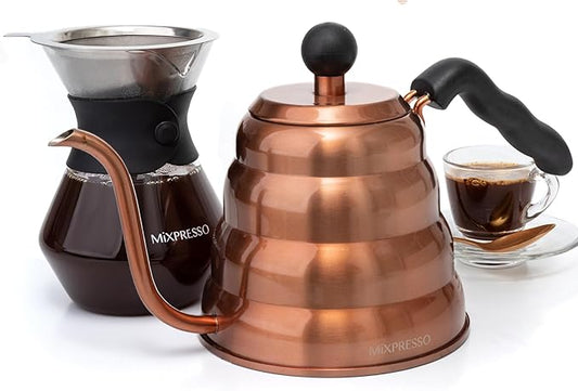 Mixpresso Gooseneck Pour Over Coffee Kettle - Barista Pour Control Design for Tea, 1.2 Liter (40 Oz) High-Grade Stainless Steel Drip Induction Cooker, Copper Stovetop Kettle