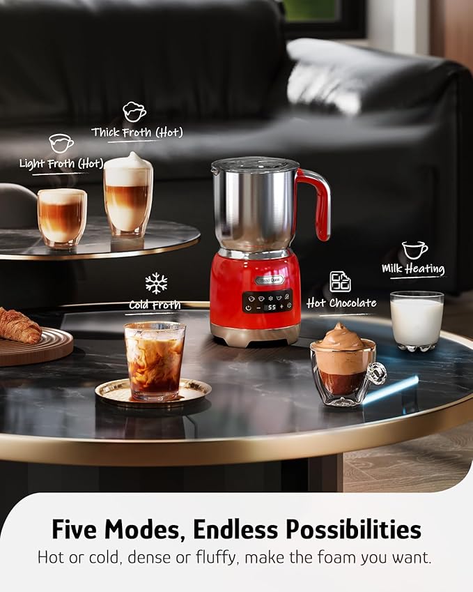Hazel Quinn Milk Frother - Milk Steamer with Adjustable Temperature & Foam Thickness, Dishwasher Safe, Detachable Base, for Latte/Cappuccino/Hot Chocolate, Cold Foam, 400ML (13.5OZ) - Ruby Red