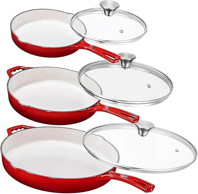 Bruntmor Enameled Cast Iron Skillet Set of 3-8, 10, and 12-Inch Non Stick Frying Pans with Tempered Glass Lids - Versatile Cast Iron Cookware Set for Casserole - Grill Pan for All Stovetops - Red