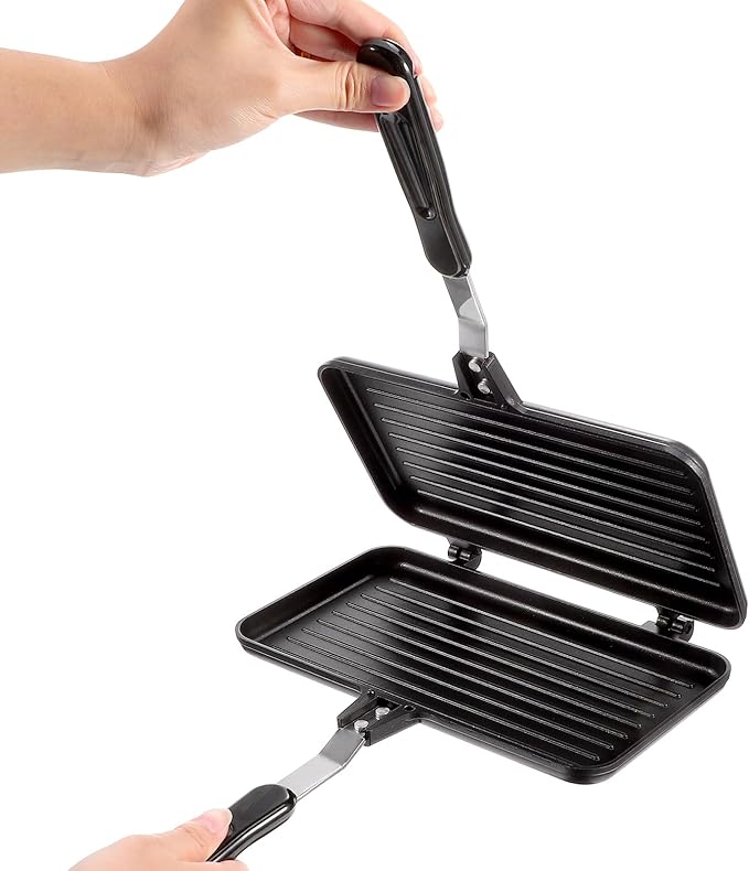 VOSAREA Sandwich Maker Grilled Sandwich Maker Pan Non-Stick Hot with Long Handle Double Sided Frying Pan Stovetop Toasted for Home Kitchen Breakfast Camping (Black)