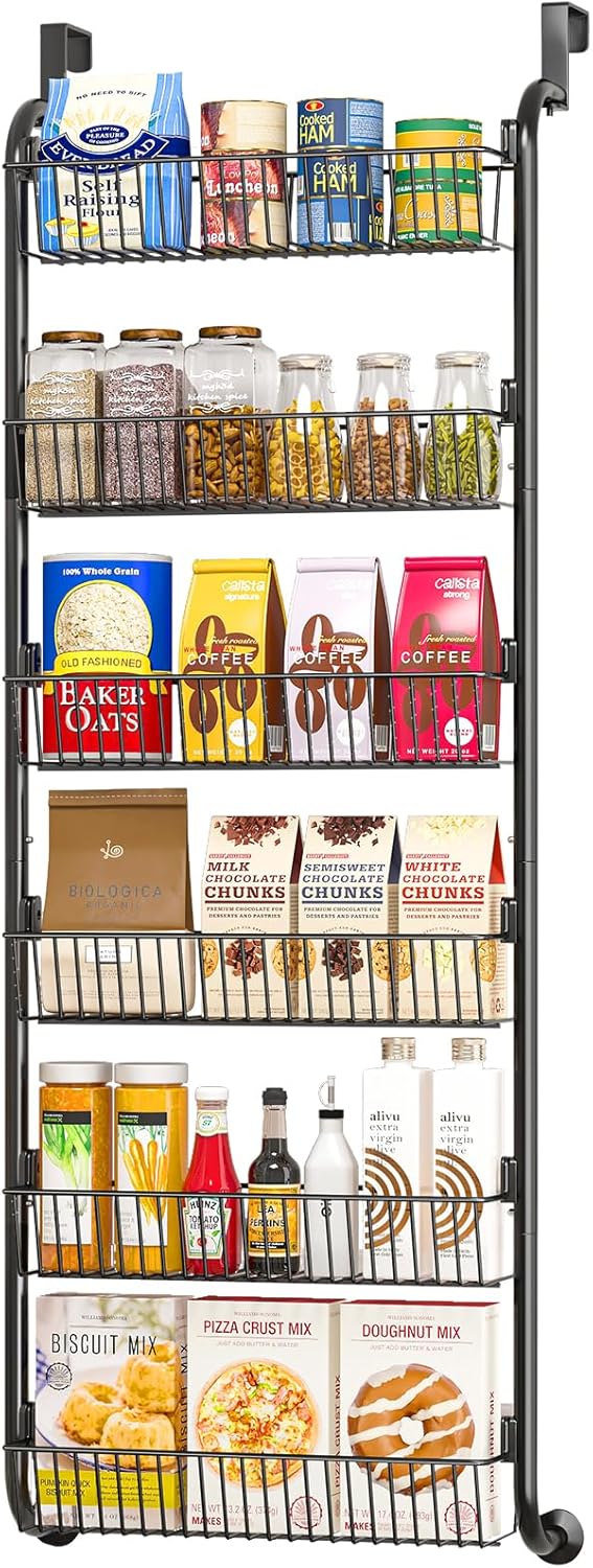 MIAOLI Over The Door Pantry Organizers and Storage, 6-Tier Spice Rack, Home & Kitchen Storage Shelves for Cabinet, Large Capacity Hanging Seasoning Organizer, Laundry Room Organization, Black