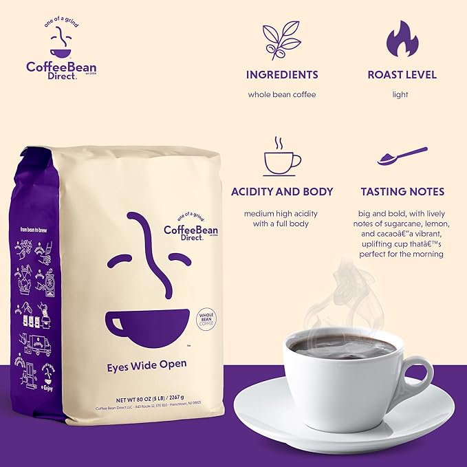 Coffee Bean Direct Eyes Wide Open, Whole Bean Coffee, Light Roast, 5 Pound Bag (Pack of 1)