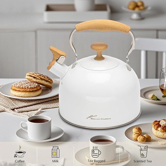 Tea Kettle, 304 Stainless Steel Whistling Tea Kettle,2.5 Quart/2.4L Stovetop Tea pot for Induction & Gas Stove with Ergonomic Folding Handle, Loud Whistle for Tea, Coffee, Milk - Milk White