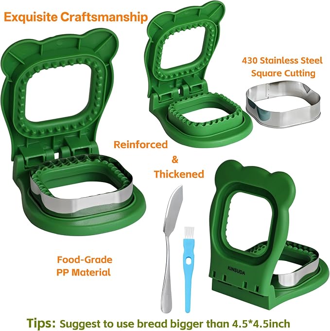 Sandwich Cutter and Sealer - 3.7" Circle & Square Pocket Sandwich Maker, Intuitive & Easy-to-Use for Boys &Girls, Perfect for Breakfast & Lunchboxes (Green, Square)