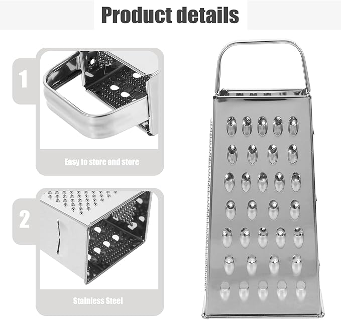 Cheese Grater - Stainless Steel Vegetable Grater, 4 Side Ktichen Box Graters with Handle, Multifunction Cutter Slicer for Cheese, Potato, Fruit, Vegetable 3.5 x 7.9 inch