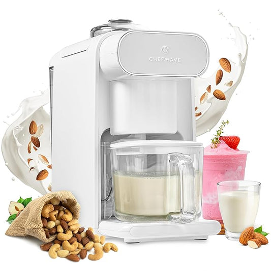 ChefWave Milkmade Non-Dairy Milk Maker (Silver/White)– 6-in-1 Vegan Plant-Based Milk Machine with Auto Clean, Delay Start & Glass Pitcher – Almond, Oat, Soy, Cashew, Coconut, Macadamia Milk Maker