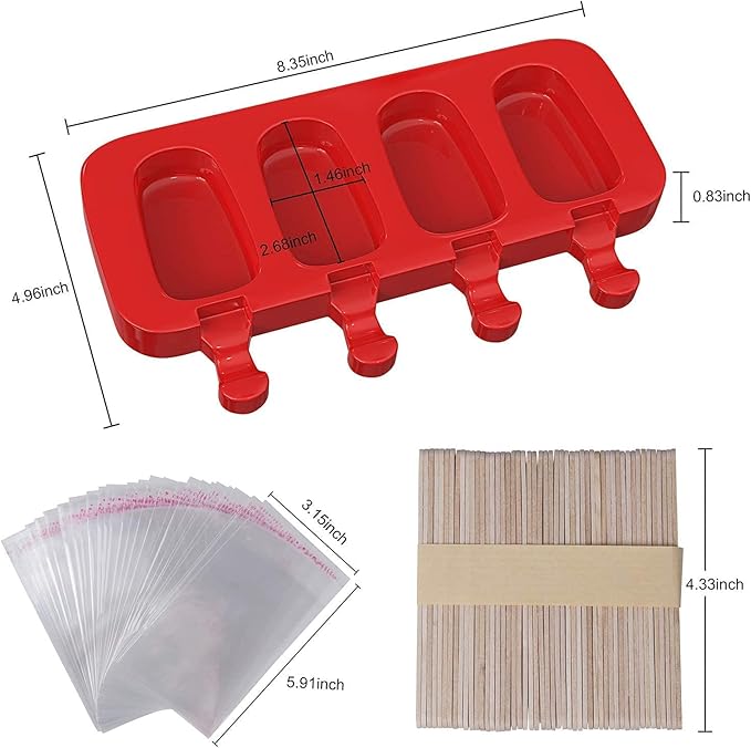 Ozera 2 Pack Popsicles Molds, Homemade Cake Pop Molds Cakesicle Molds Silicone Popcical Molds, 4 Cavities Ice Pop Cream Molds Maker with 50 Wooden Sticks & 50 Popsicle Bags for DIY Popsicles