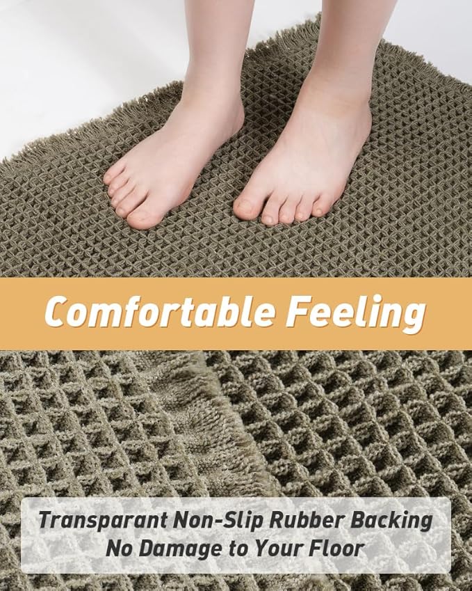 AMOAMI Upgraded Waffle Runner Rug, Super Absorbent Non Slip Bath Mats for Bathroom Floor, Machine Washable Bathroom Runner Rug with Tassels, Ideal for Hallway Bedroom Laundry Room, Green, 2'x 4'