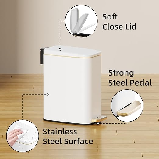 Small Bathroom Trash Can with Lid Soft Close, Step Pedal, 6L / 1.6 Gal Stainless Steel Garbage Bin with Removable Inner Bucket, Slim Wastebasket for Narrow Spaces (White)