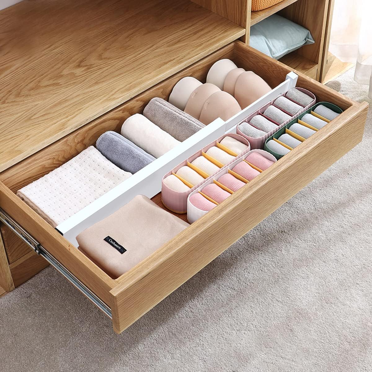 ANTOWIN Bamboo Drawer Dividers Organizers, Expandable Drawer Separators Splitter,17-22 inches Long Adjustable Spring-loaded Organizer for Large Utensil, Clothes, Tools Drawers (White)