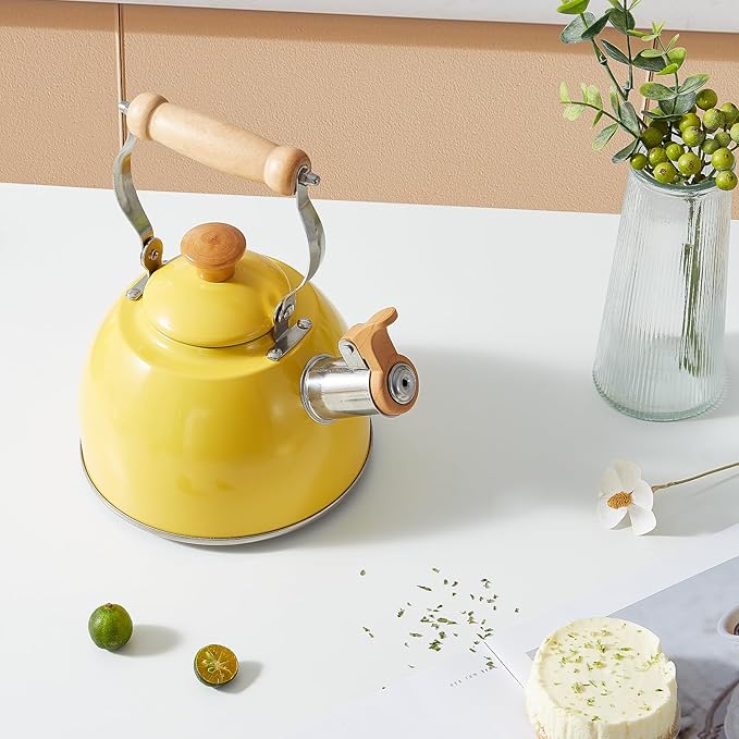ROCKURWOK Tea Kettle, Tea Pot with Cool Touch Ergonomic Handle, Teapot Food Grade Stainless Steel, Tea Kettle Stovetop, Kettle Teapot, Whistling Tea Kettle, Small Tea Kettles, 1.6 Quart (Yellow)