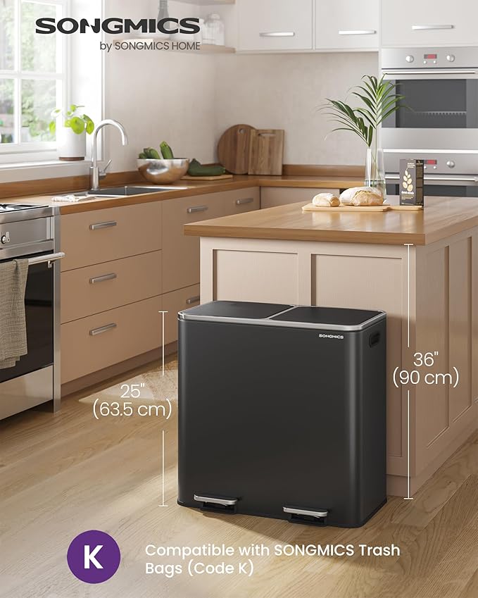 SONGMICS Trash Can, 2 x 10.6 Gallon (2 x 40 L) Garbage Can for Kitchen, with 15 Trash Bags, 2 Compartments, Plastic Inner Buckets and Hinged Lids, Airtight, Black ULTB730B80