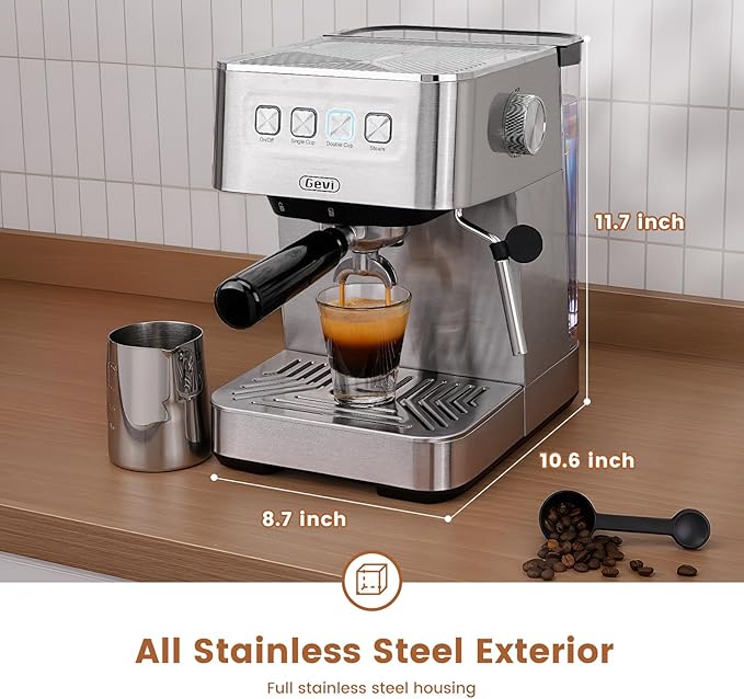 Gevi Espresso Machine with Milk Frother, 20 Bar Espresso Maker for Home with Stainless Steel Exterior,Compact Espresso Machine with 58mm Professional Portafilter for Cappuccino, Latte, Silver