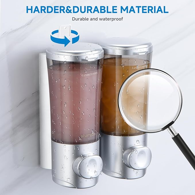 Shampoo and Conditioner Dispenser, Shower Soap Dispenser 2 Chamber No Drill Wall Mounted Shampoo Dispenser Shower Dispenser for Bathroom Hotel Large Capacity,Silver