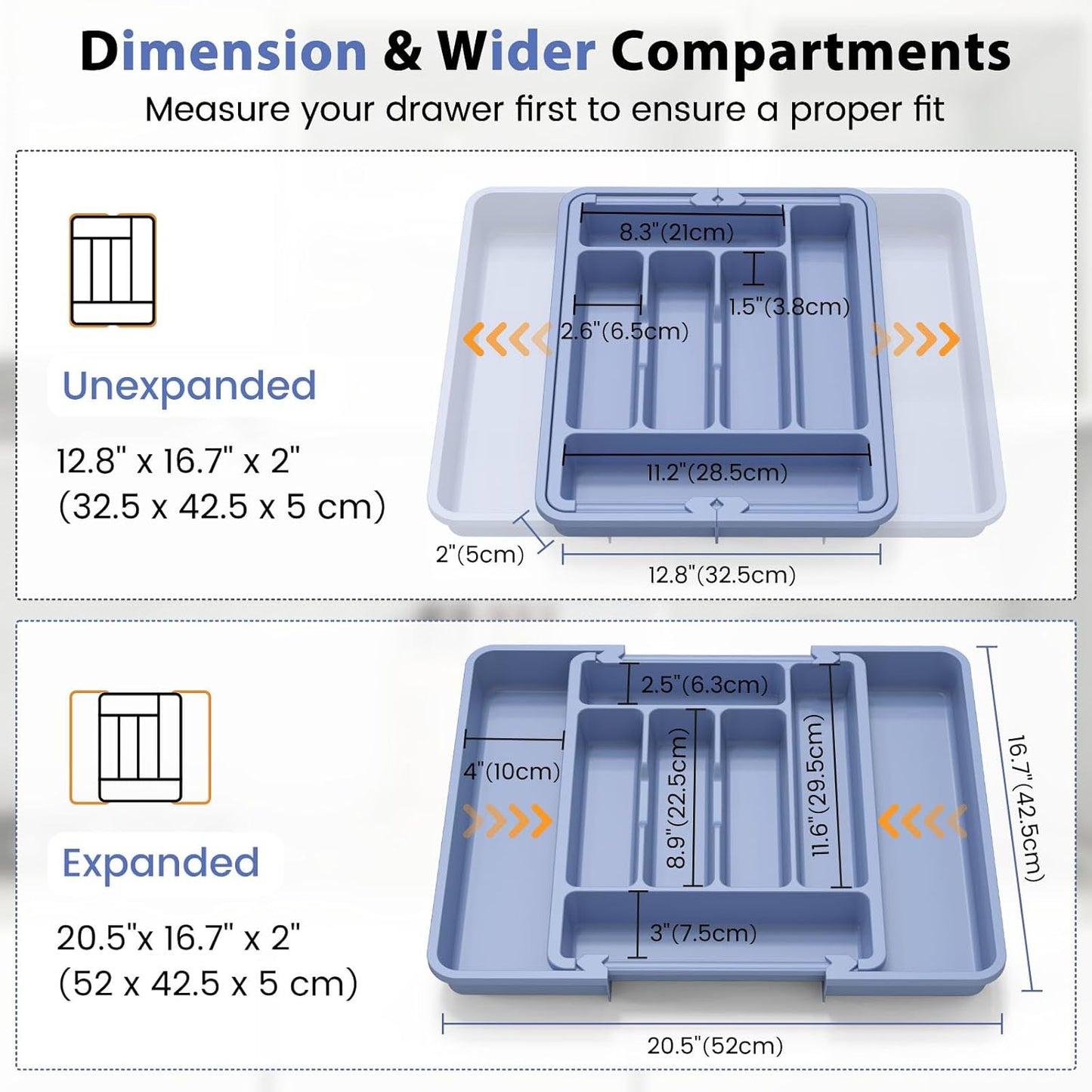 Caperci Large Silverware Organizer for Kitchen Drawer & Utensils - Expandable Drawer Organizer for Cutlery, Flatware & Gadget, BPA-Free Thick Plastic, Wider Compartments & Non-skid Feet (Breezy Blue)