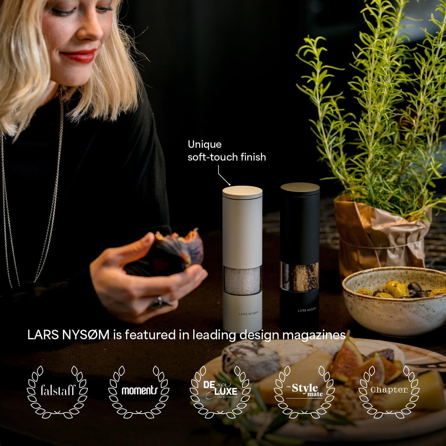 LARS NYSØM Salt and Pepper Grinder Set Manual, Stainless Steel Salt and Pepper Mills with Adjustable Ceramic Grinder I Design Spice Shakers (Pure White)