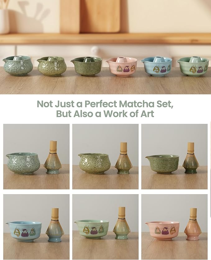 Matcha Whisk Set 7 Piece Ceramic Matcha Kit,18 oz Matcha Bowl with Bamboo Whisk & Holder, Bamboo Scoop, Scoop Rest, Sifter and Tea Towel, Complete Matcha Set for Beginners and Tea Lovers(Green)