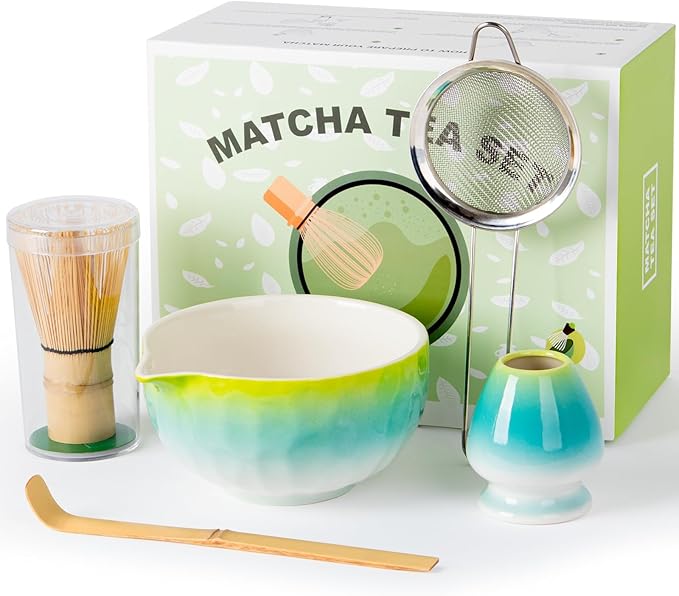 Matcha Set,5 Pcs Matcha Whisk Set Includes Bowl with Spout, Whisk,Holder,Bamboo Scoop and Sifter- Matcha Kit for Making Breakfast/Latte,Gift for Lovers（Gradient）