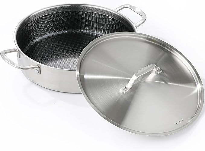 DELARLO Tri-Ply Stainless Steel Braiser Pan with Lid 5 Quart Nonstick Induction Rondeau Cooking Pot 12inch Deep Frying Pan Large Saute Pan Heavy Duty,Dishwasher and Oven Safe to 550℉
