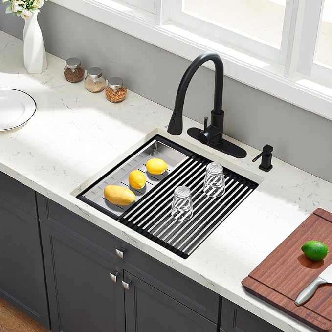 Undermount Kitchen Sink, 24 x 19 Inch Sink Kitchen 16 Gauge Stainless Steel Kitchen Sinks Gunmetal Black Single Bowl Workstation Sink with Cutting Board