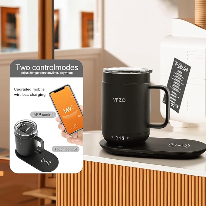 16Oz Temperature Control Smart Mug, Self Heating Coffee Mug LED Display, 180 Min Battery Life - Hot up to 149℉ Fast Wireless Charger Base Improved Design Coffee Serving Sets (16oz, Lemon)