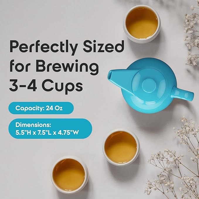 OmniWare 24 Ounce Teapot with Removable Stainless Steel Infuser (Turquoise) - Loose Leaf Tea Brewer, Microwave & Dishwasher Safe, Retro-Inspired Stoneware for Kitchen & Dining