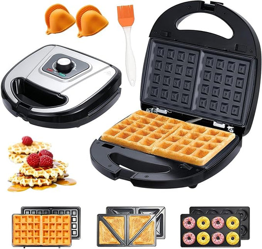 3-in-1 Mini Waffle Maker with Non-Stick Plates, Electric Sandwich Maker, Mini Donut Maker, Breakfast Sandwich Maker Press with Removable Plates, Compact Design & Adjustable Temperature Knob