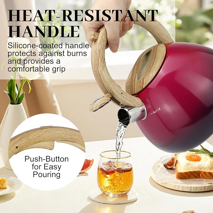 MARSKITOP Tea Kettle for Stove Top, Food Grade Stainless Steel Teapot for Stovetop, Tea Pot for Stove with Anti-Hot Handle, Stove Top Whistling Tea Kettle for Boiling Water, 2.6 Quart, Red
