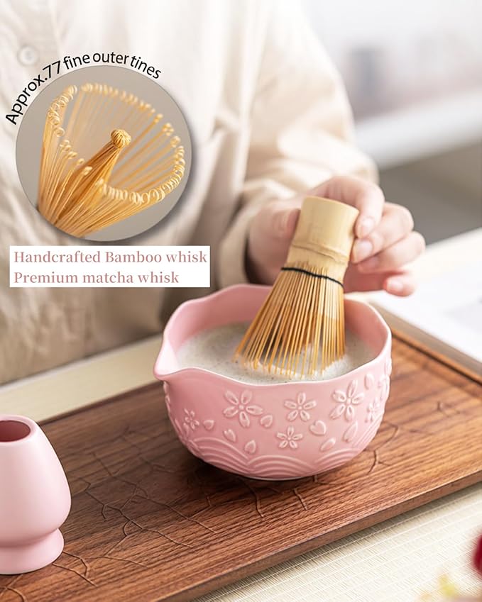 Matcha Whisk Set 9 Pcs – Matcha Bowl, Whisk, Sifter, Spoon, Gift Card ane Portable Carry Bag for Latte Travel,Gift for Matcha Lovers (Pink)