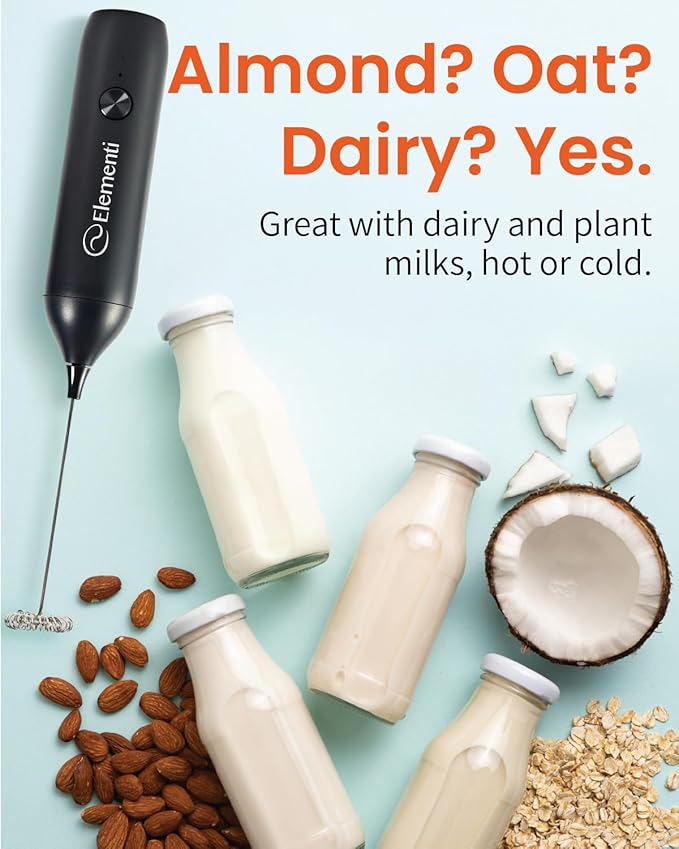 Elementi Milk Frother Wand Rechargeable Drink Mixer - Powerful USB-C Rechargeable Frother & Coffee Mixer Wand - Hand Held Milk Foamer Whisk to Make Perfect Cappuccinos, Lattes & Drink Mixes (Black)
