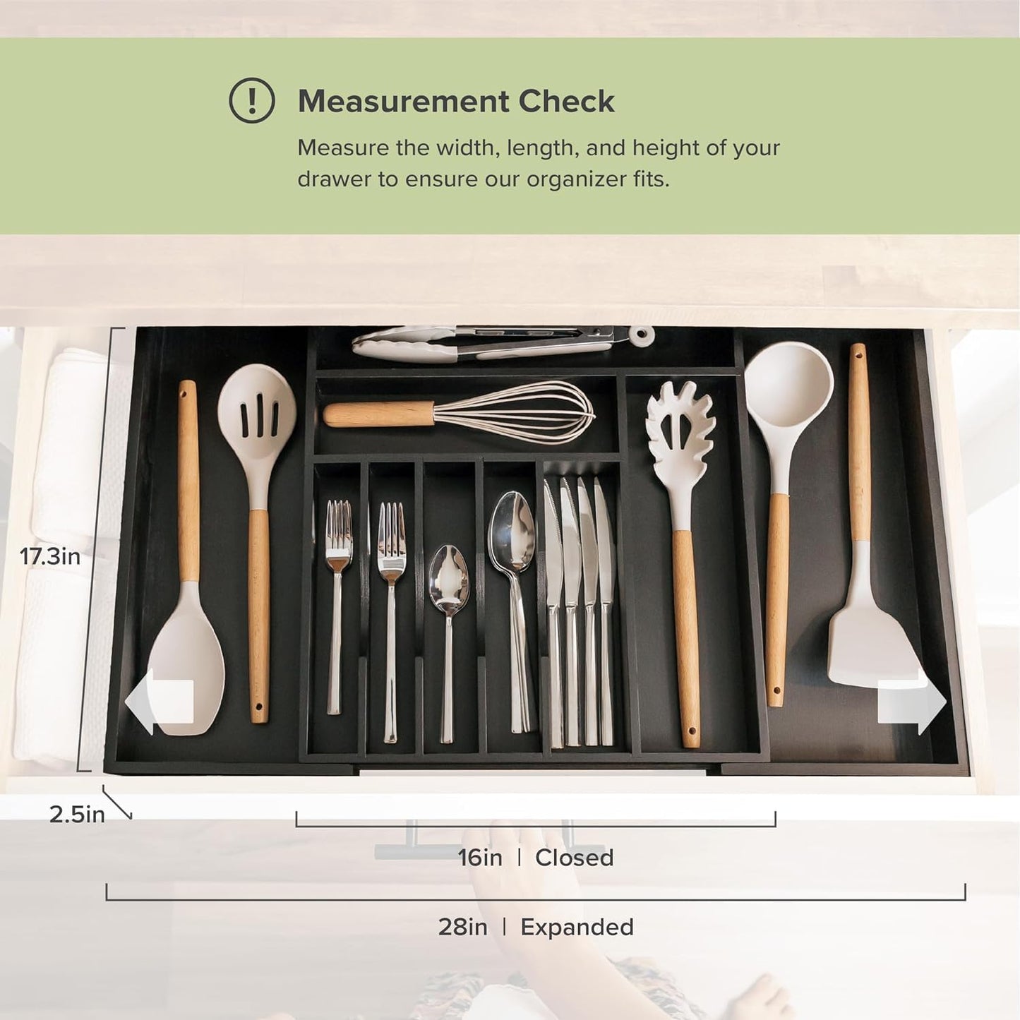 KitchenEdge Premium Silverware, Flatware and Utensil Organizer for Kitchen Drawers, Food-Safe Contract Grade, Expandable from 16 to 28 In, Black Bamboo