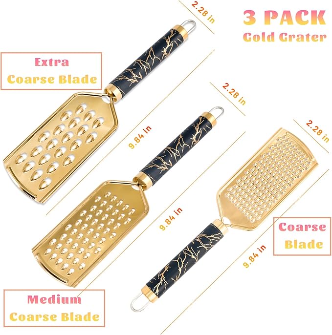 Professional Cheese Grater, Gold Stainless Steel Cheese Grater Handheld, Grater Hand Crank, Practical Kitchen Gadgets, Graters for Cheese, Chocolate, Spices (3 Size)