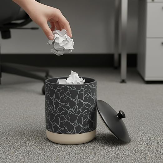 Escenzy Black Textured Bathroom Trash Can with Lid 5L | 7" x 10" | High End Small Garbage Can | Luxury Ceramic Waste Basket for Bathroom, Bedroom, Kitchen, Hotels or Living Room Decor | Ideal Gift