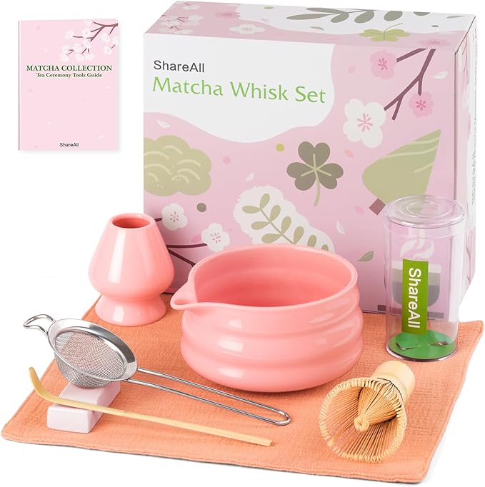 Matcha Whisk Set, 7Pcs Matcha Set - 18oz Matcha Bowl with Spout, Bamboo Matcha whisk & Ceramic Holder, Sifter/Scoop/Stand/Towel, Matcha Kit for Tea Lovers, Ideal Gift Set (Pink)