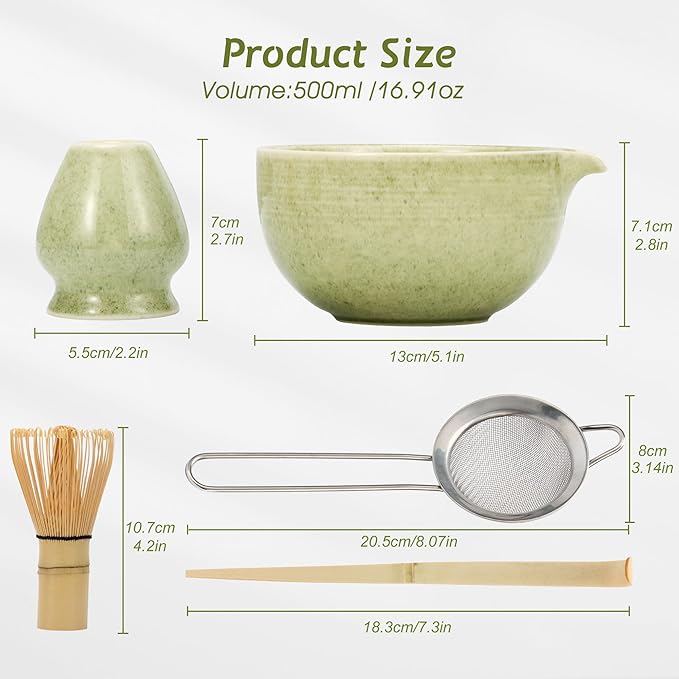Matcha Tea Set 5 Pcs, Japanese Traditional Ceramic Bowl, Bamboo Whisk (Chasen), Scoop (Chashaku), Whisk Holder,Stainless Steel Sifter