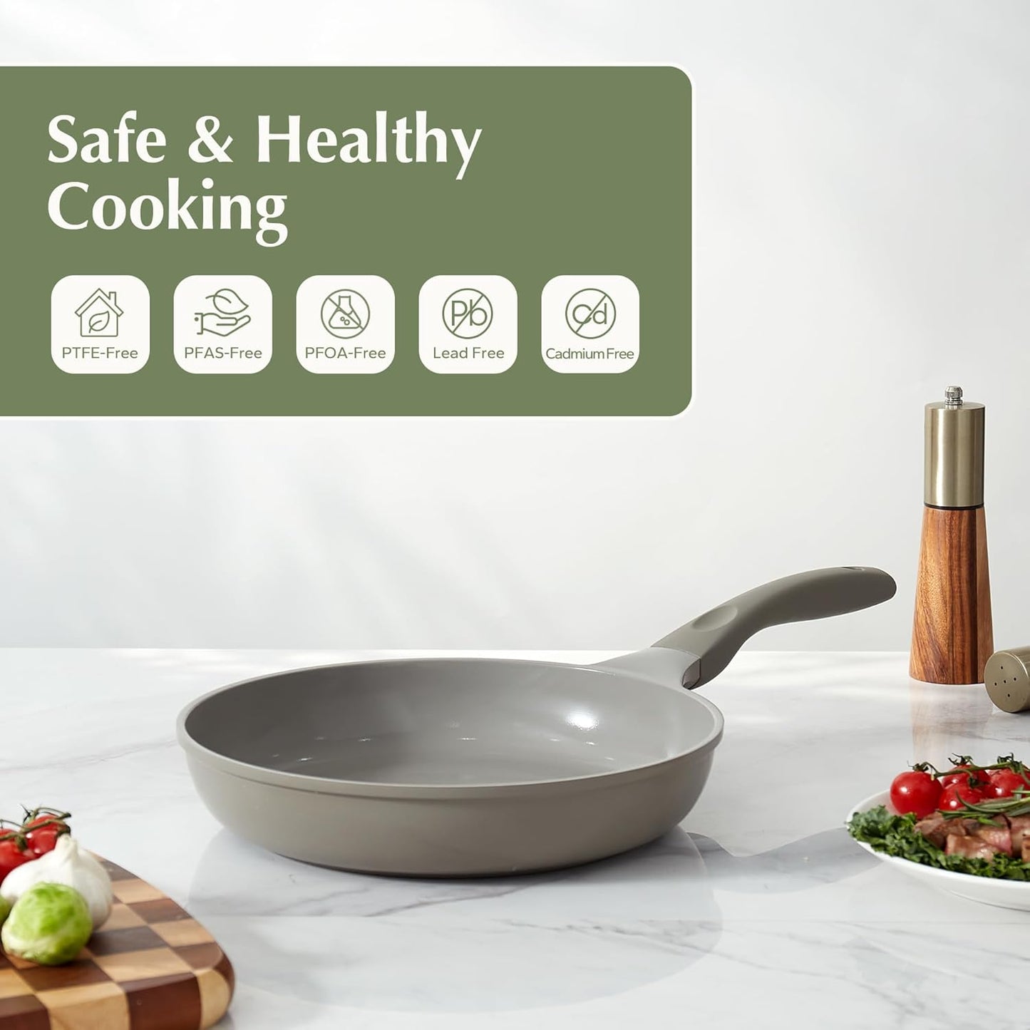 Redchef Non Stick Frying Pans, Ceramic Pan, Non-toxic Healty Skillet Omelet Pan with Heat-Resistant Handle, PFOA & PFAS Free, Compatible with All Stovetops, Dishwasher Safe, Even Heating, Gray, 11"