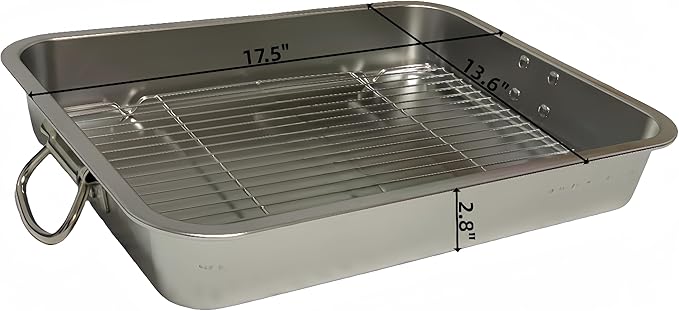 Generic Roasting Pan Stainless steel Roasting pan Turkey Roasting pan with grill Rectangular grill suitable for Turkey, roast chicken and ham (17.5x13.6x2.8in), Silver